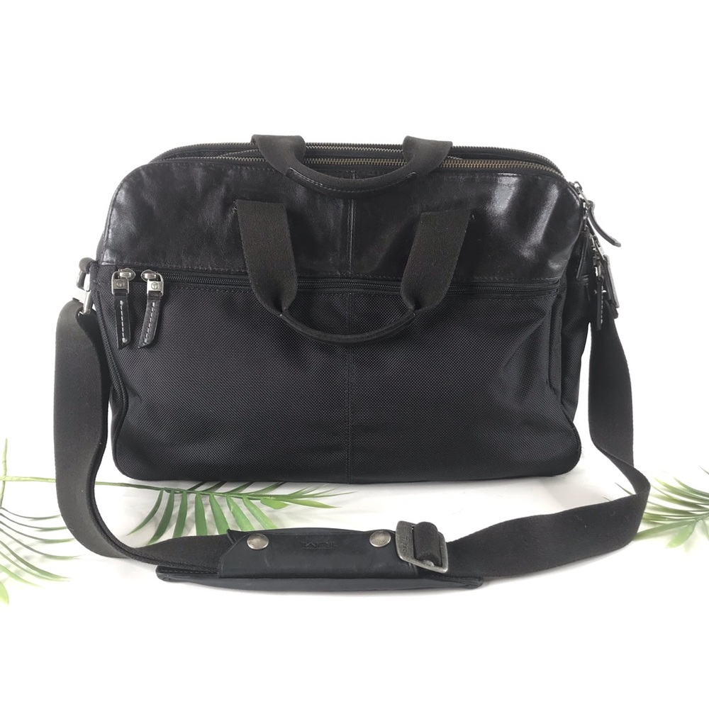 TUMI BLACK LEATHER NYLON BRIEF CASE LAPTOP COMPUTER MESSENGER CROSSBODY BAG